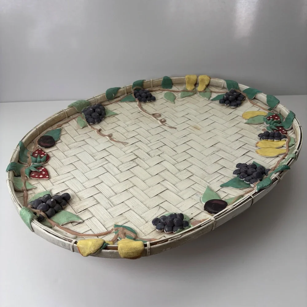 Oval Woven Tray Decorative Fruit Grapes Strawberries Pears‎ Serving Platter VTG